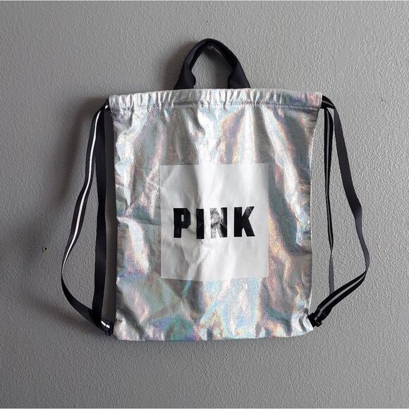 PINK Victoria Secret Iridescent Silver Holographic Drawstring Backpack Bag - Picture 1 of 4